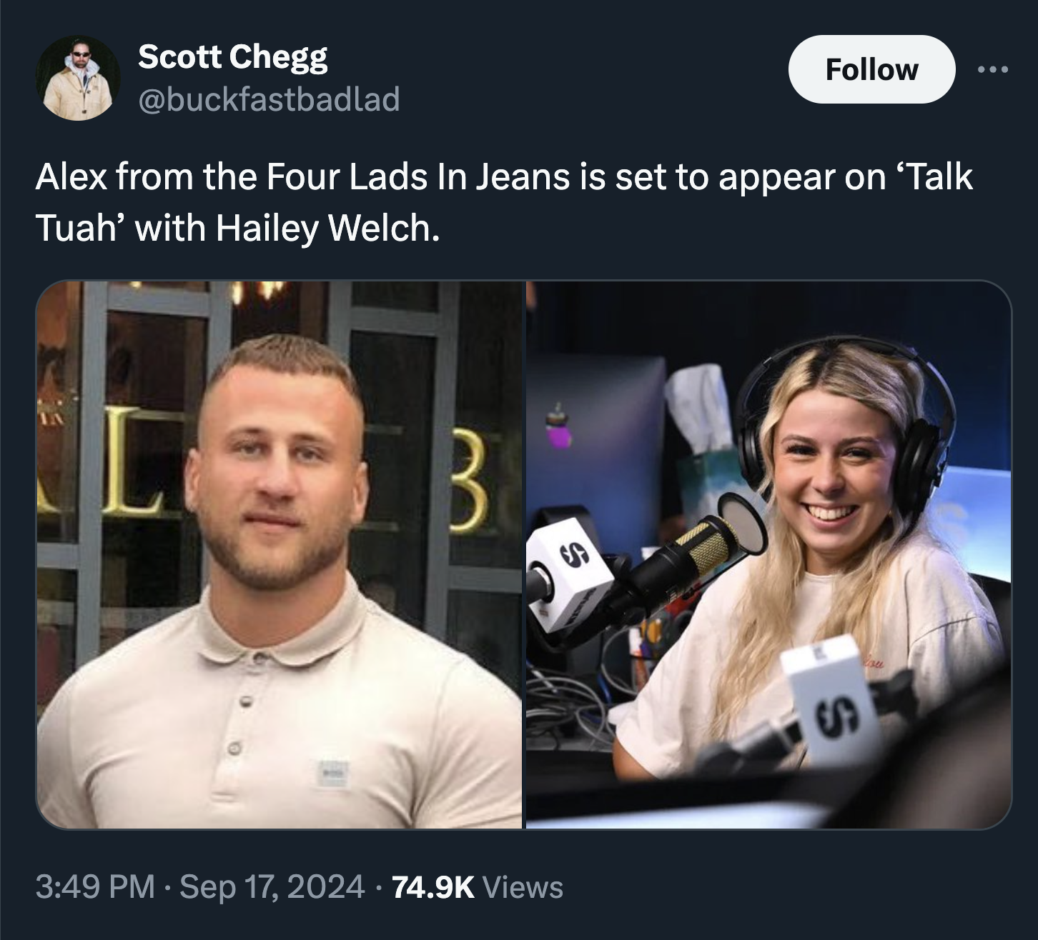 hawk tuah girl mets first pitch - Scott Chegg Alex from the Four Lads In Jeans is set to appear on 'Talk Tuah' with Hailey Welch. 2 B S Views S